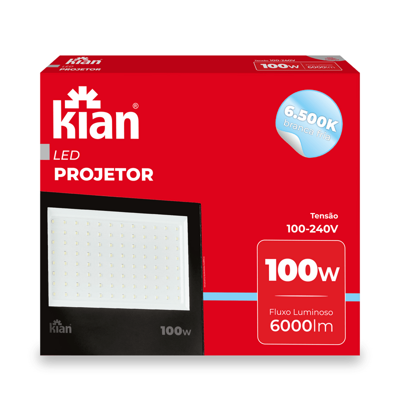 REFLETOR PROJETOR LED 100W 6.500K BRANCA FRIA BIVOLT KIAN