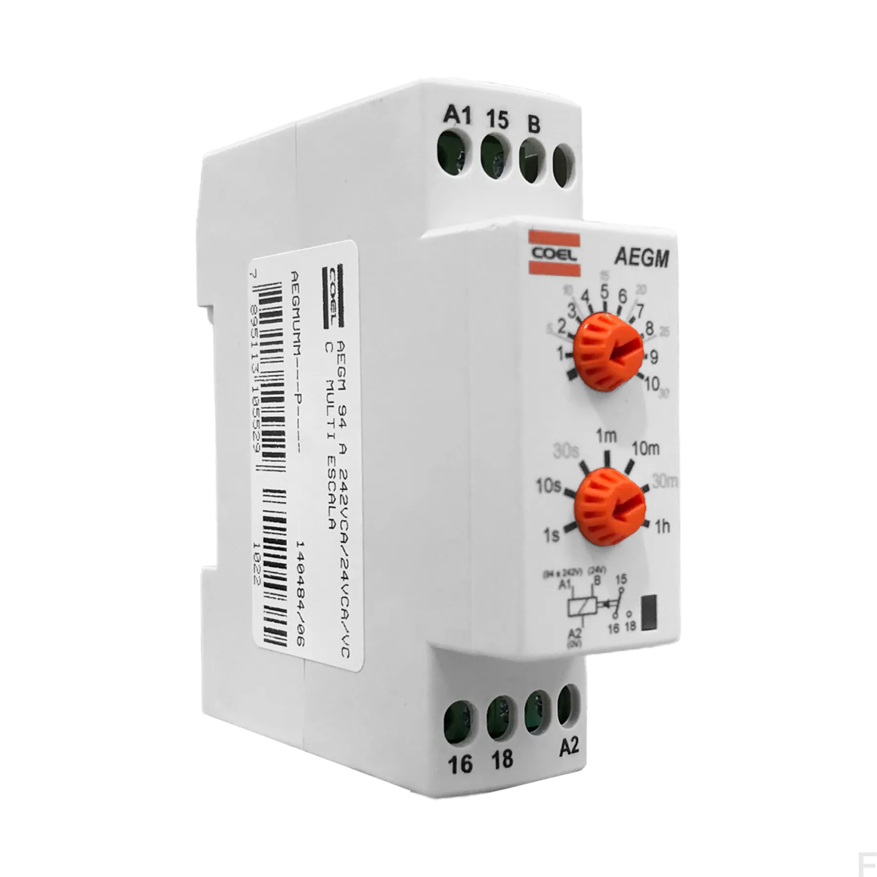 RELE TEMPORIZADOR AEGM 94 A (RETARDO/PULSO) MULTI ESCALA AEGM 94 A 242VCA/24VCA/VCC 3SEG ATÉ 60MIN COEL